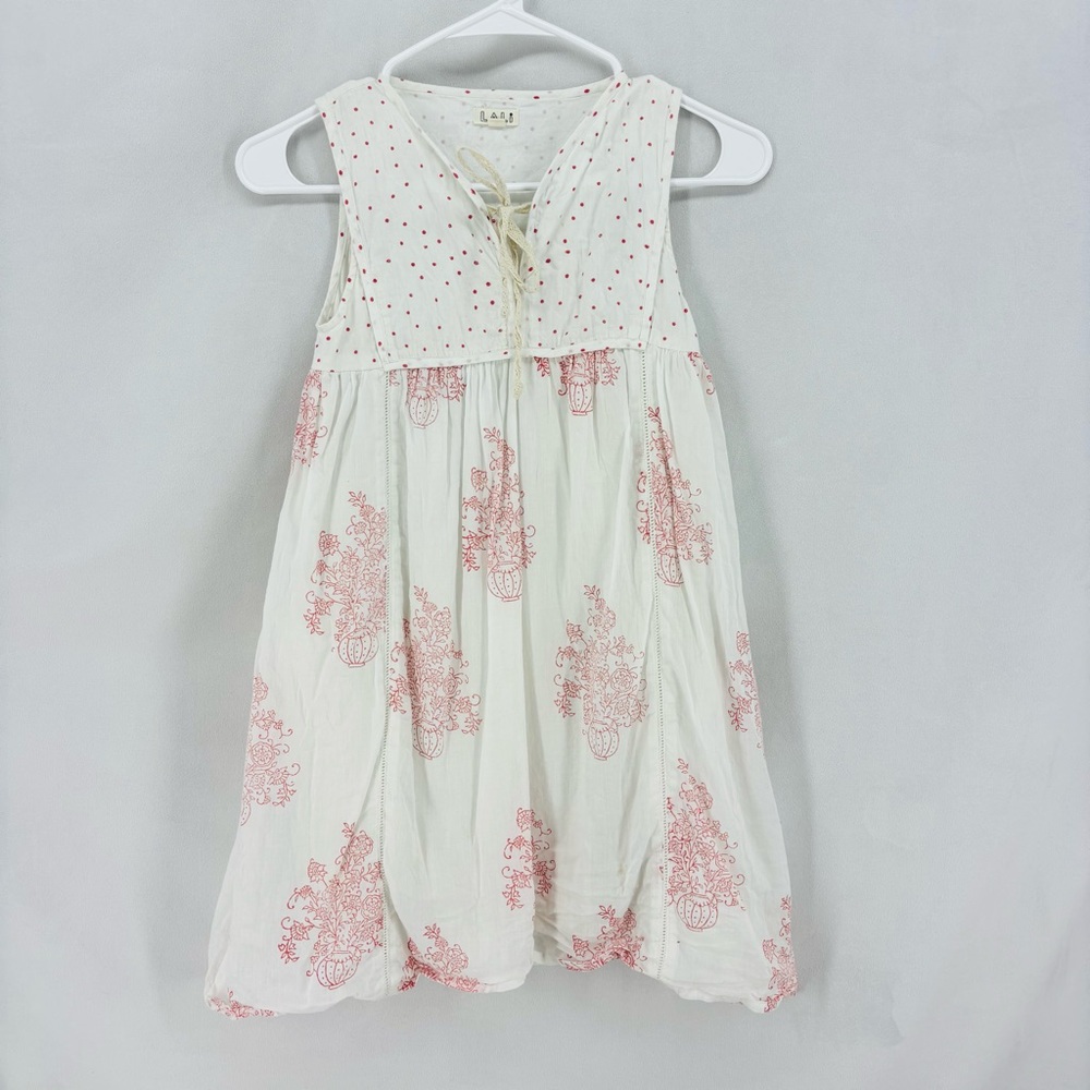 Lali Girls Size 8 Ivory Pink Floral Cotton Sleeveless Lace Up Dress Kids Youth